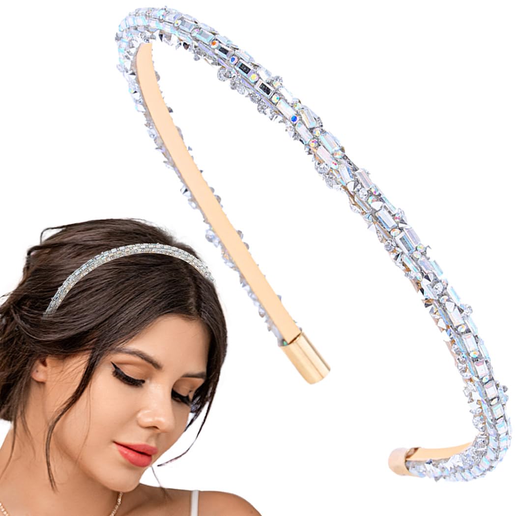 Flayem Rhinestone Headband Wedding Bridal Hair Hoop Narrow Crystal Headband Party Holiday Daily Hair Accessories for Women and Girls (White)