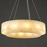 YIOSI Alabaster Round Chandelier, D31in Modern Marble Dining Room Chandelier, 2 Tiers Brass Drum Pendant Light Fixtures, Gold