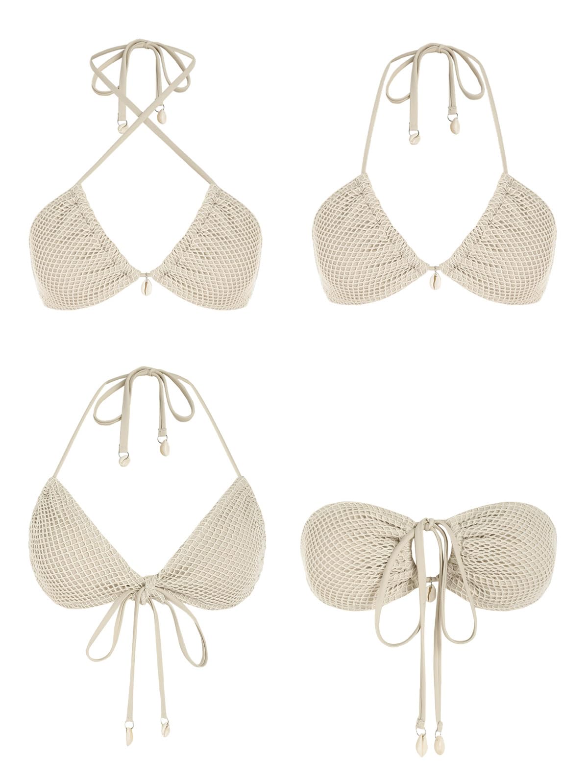 ZAFUL Women's Triangle Bikini Multiway Fishnet Tie Side Bandeau Halter String Bikini Set Two Piece Swimsuit Bathing Suits (1-Light Coffee, S) - Image 3