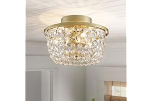WUZUPS Crystal Chandelier Semi-Flushmount Ceiling Light Modern Lighting Fixture for Bedroom Hallway Bar Kitchen Bathroom, H 7.6" x W 9.8", Gold, E12 Base