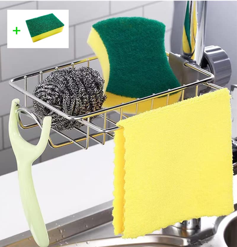 Sink Caddy Organizer Stainless Steel Kitchen Faucet Storage Rack Draining Rack for Soap/Sponges/Dishcloth/Shampoo, Suitable for Kitchen Sink and Shower (7.48 inch)