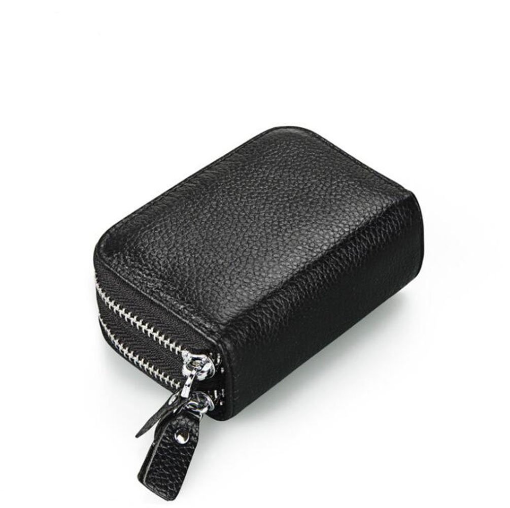 AprinCtempsD RFID Blocking Women's Credit Card Holder Genuine Leather Ladies Small Coin Purse Men's Mini Card Wallet with Double Zipper (Black)