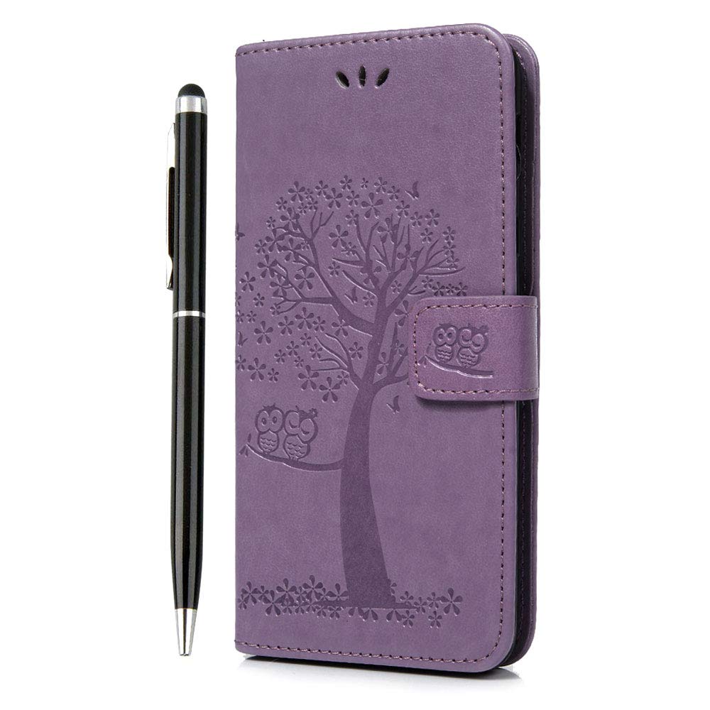 iVOYI for Samsung Galaxy J6 Case 2018 J6 Phone Case Premium PU Leather Flip Owl Tree Case Cover for Samsung Galaxy J6 2018 Kickstand Card Holder & 1 Touch Pen, Light Purple