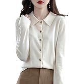RUCPUW 100% Merino Wool Sweaters Women's Fall Winter Warm Soft Knitted Shirt Lapel Polo Collar Cardigan Long Sleeves