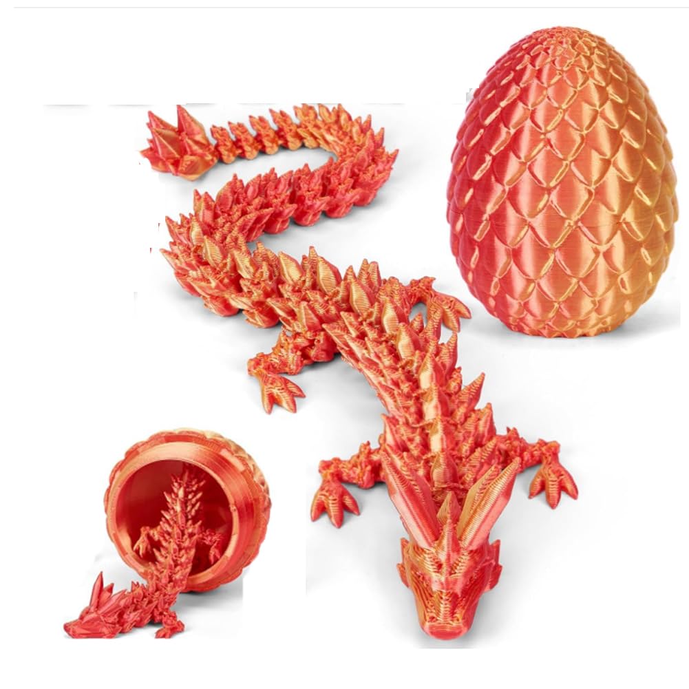 HATFRYF 3D Printed Dragon Egg with Dragon Inside, 3D Printed Fidget Toy, Desk Decoration Craft Ornament Children and Adults Gift Easter (Silk Red Gold - 12in)