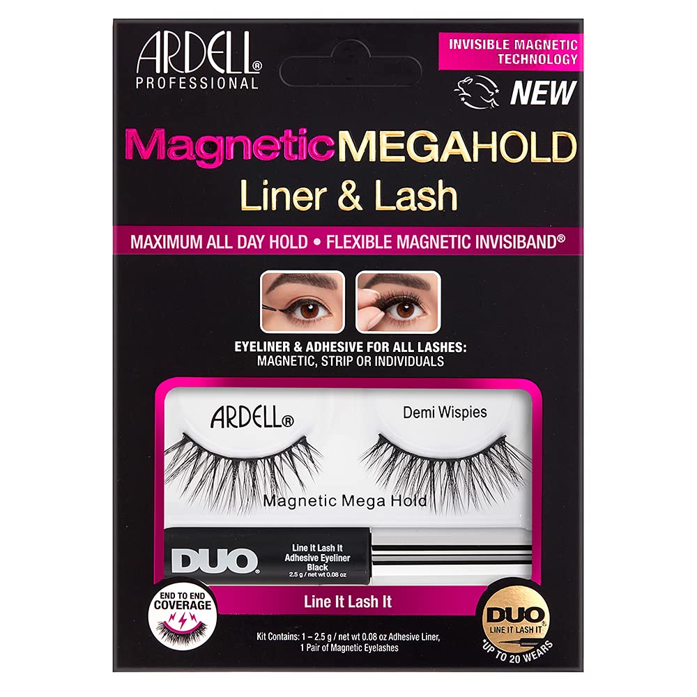 Ardell False Eyelashes Magnetic Fauxmink MegaHold Liquid Liner & Lash Black No Visible Magnets End-To-End Magnetic Coverage Trimmable Band Soft Magnet Feathery Fullness Medium Volume Medium Length Vegan-Friendly