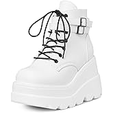 Tscoyuki Platform Ankle Boots for Women Chunky High Heel Booties Goth Round Toe Combat Boots Women Lace Up Motorcycle Wedges