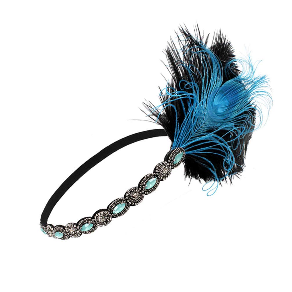 FRCOLOR Flapper Headband 1920s Gatsby Headdress Feathers Crystal Beaded Wedding Headpiece Elastic Headwear Blue