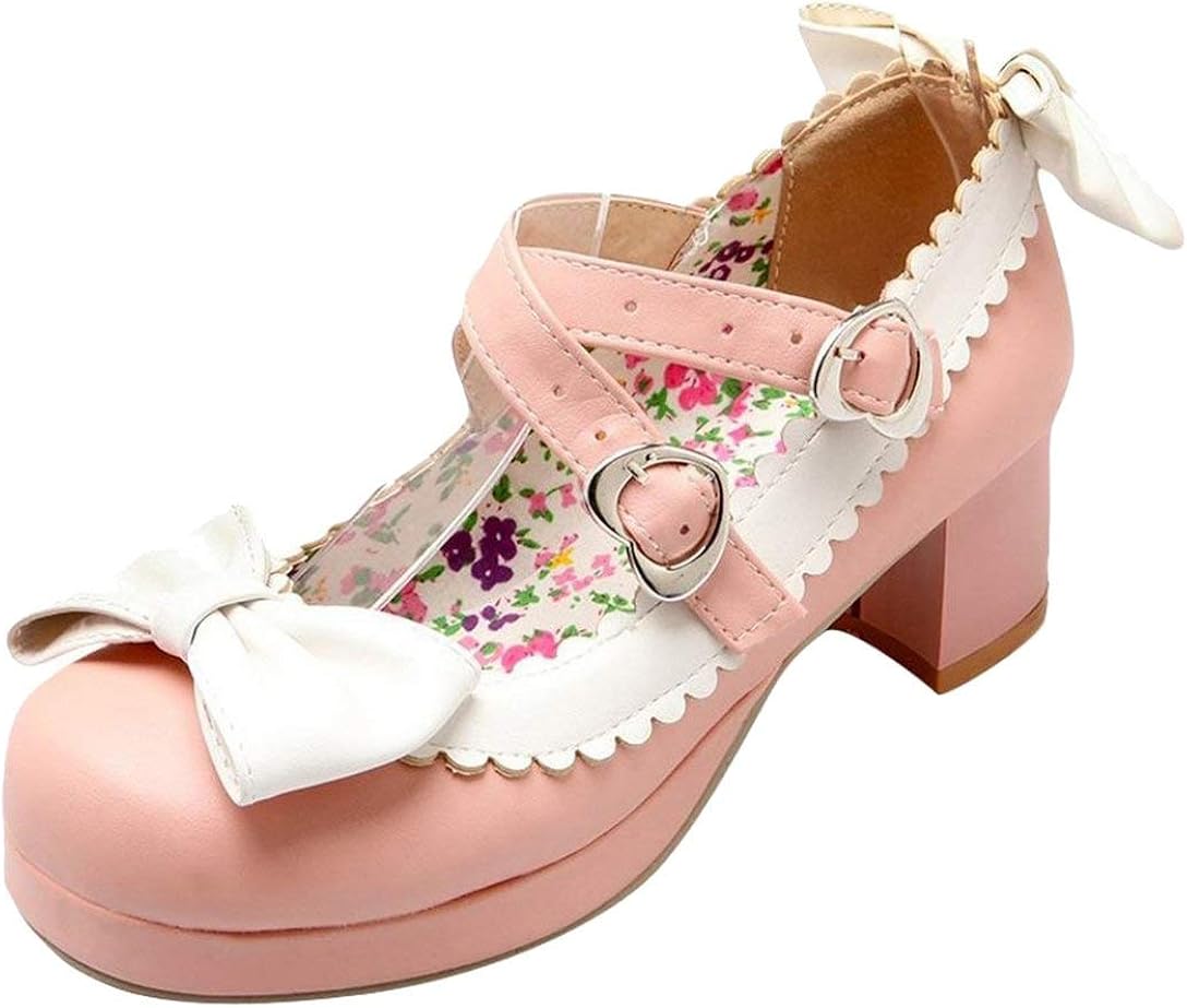 Alsoloveu Women Lolita Platform Shoes Cosplay Mary Janes Chunky Mid Heel with Double Strap pink