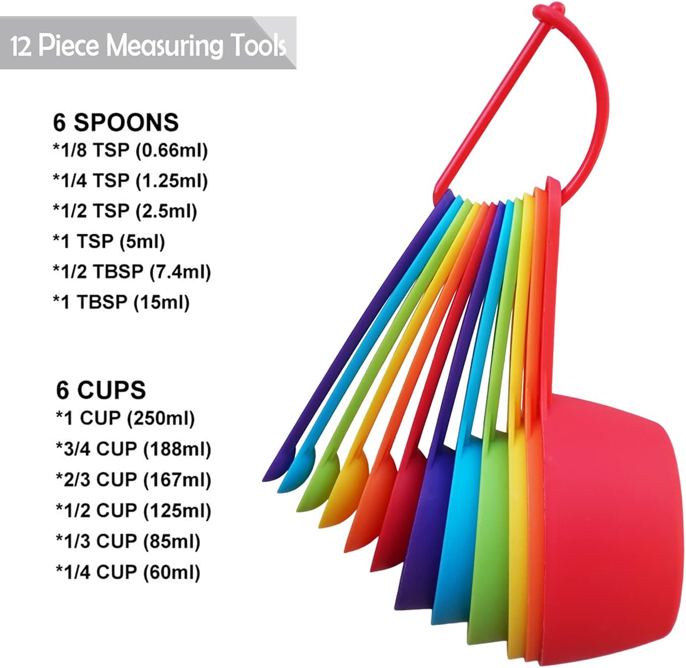 12 Piece Measuring Cups and Spoons Set, Colored Kitchen Measure Tools, Durable Nesting Cups and Spoons for Dry and Liquid, Dishwasher Safe: Kitchen & Dining