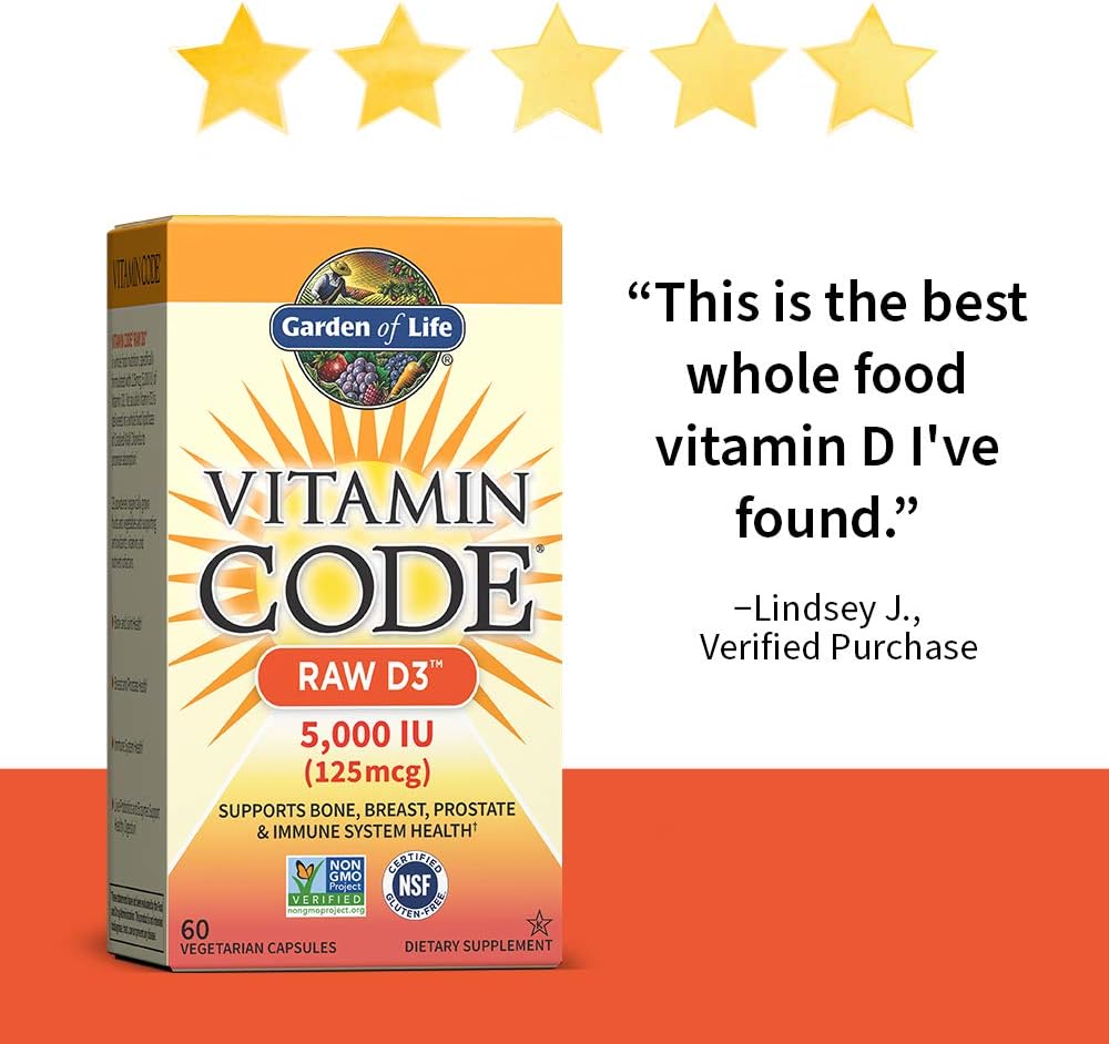 Garden of Life Vitamin D, Vitamin Code Raw D3, Vitamin D 5,000 IU, Raw Whole Food Vitamin D Supplements with Chlorella, Fruit, Veggies & Probiotics for Bone & Immune Health, 60 Vegetarian Capsules: Health & Personal Care