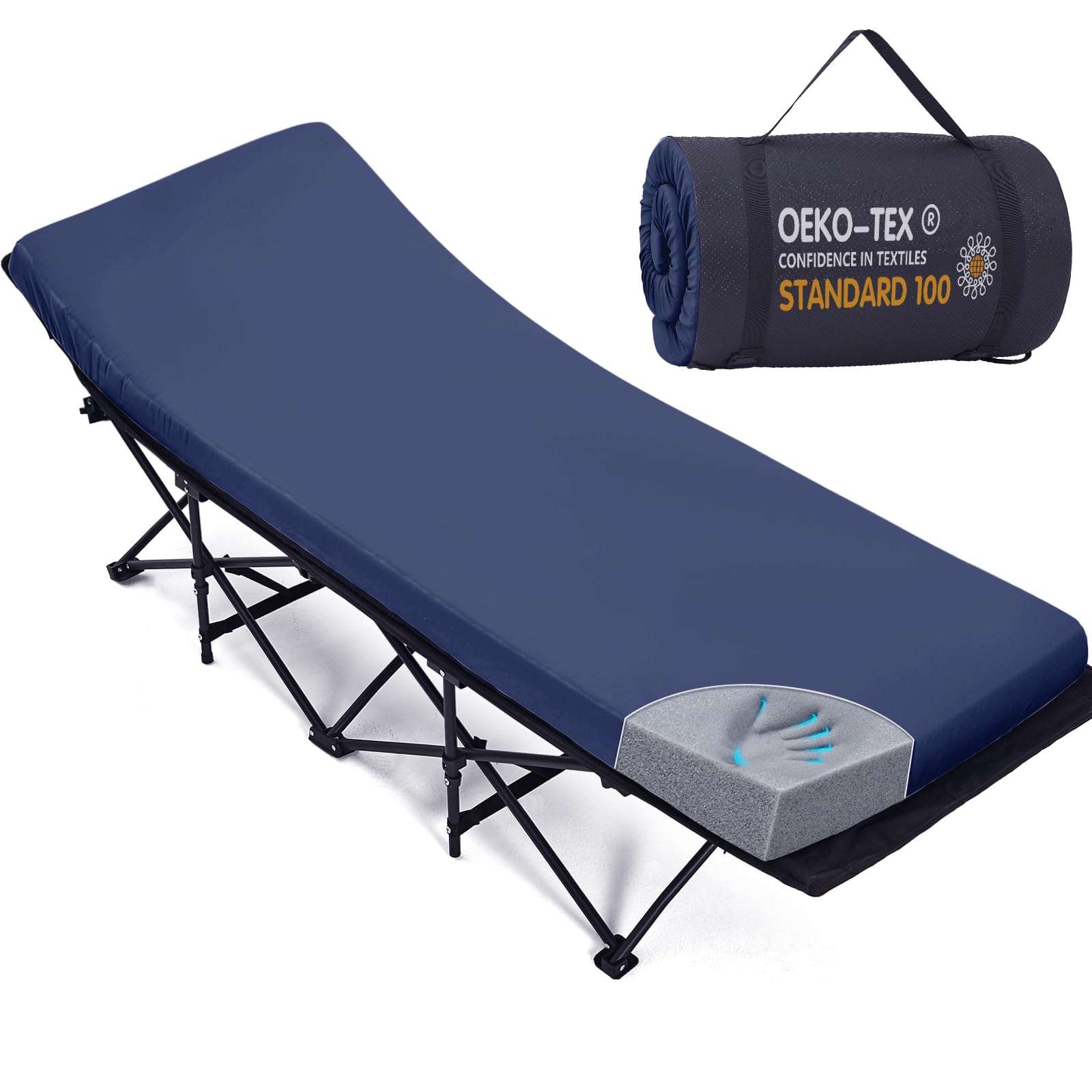 Photo 1 of CYMULA Camping Cot Mattress 2in Memory Foam Sleeping Pad,Soft Warm Non-Slip Camping Mattress Topper with Retaining for Adults,Portable Roll up Pad for Travel(Dark blue75 x30)