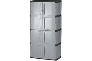 Rubbermaid Freestanding Storage Cabinet Five Shelf with Double Doors Lockable Large 690-Pound Capacity Gray For Garage/Outdoor Garden Tools/Toys/Power Tools/Pool Accessories Grey