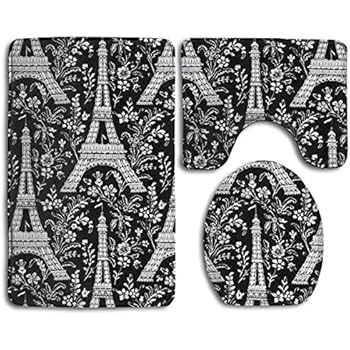 TERPASTRY Bathroom Accessories Paris Eiffel Tower Floral Black and White Non-Slip Bath Mat Set 3 Piece Includes 19.7X15.7 Inch Contour Rug 13.8X17.7 Inch Lid Toilet Cover 31.5X19.7 Inch Bath Rug