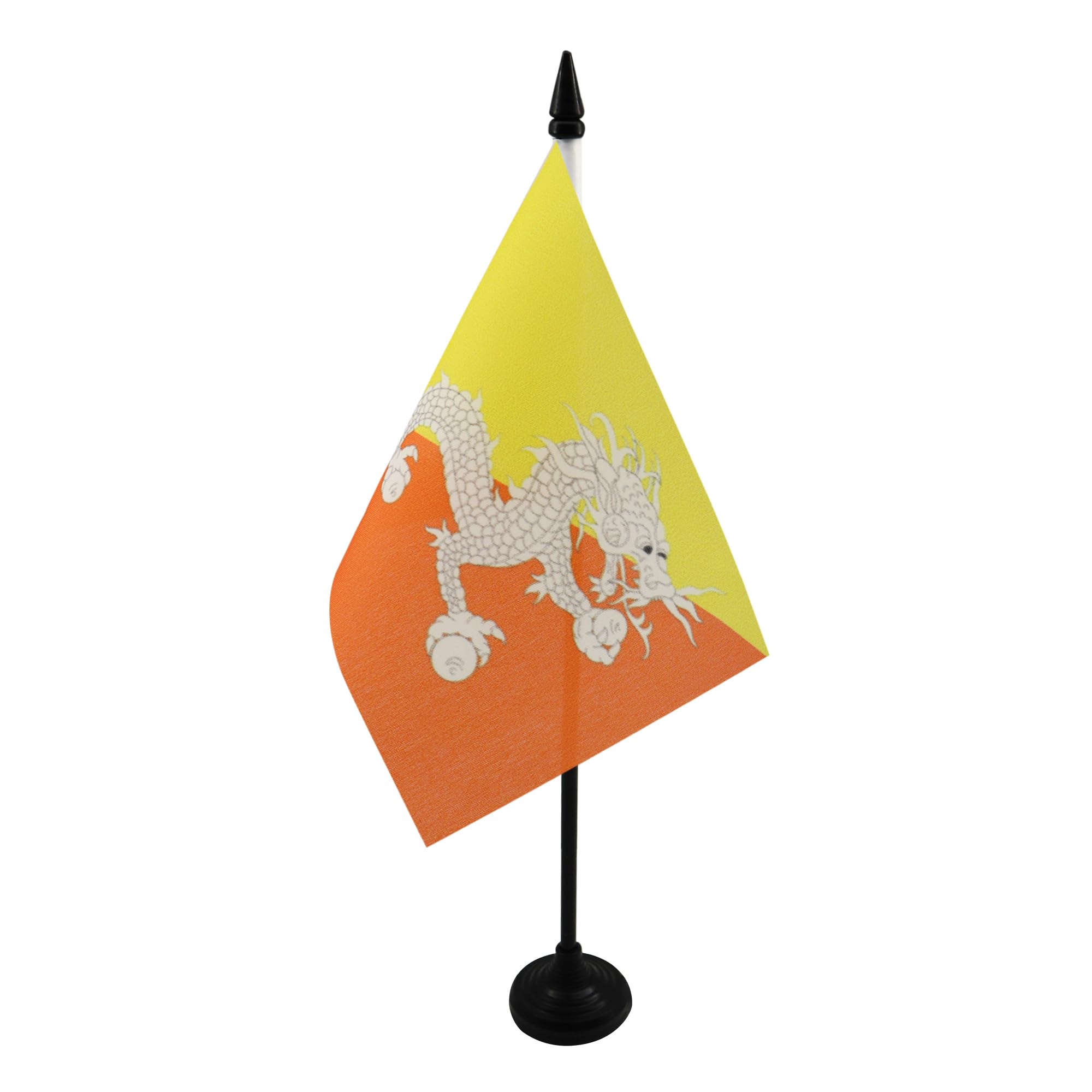 AZ FLAG - Bhutan Table Flag 4'' x 6'' - Bhutanese Office Mini Banner 100% Polyester 15 x 10 cm - Mini Desk Flag with 10'' Pole and Black Plastic Base