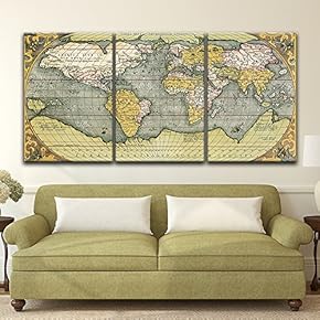 3 Panel Canvas Wall Art - Vintage World Map - Giclee Print Gallery Wrap Modern Home Art Ready to Hang - 16"x24" x 3 Panels