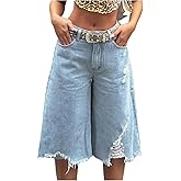 MakeMeChic Women's Fall Y2K Denim Bermuda Shorts Ripped Wide Leg Cropped Jeans Capris Pants