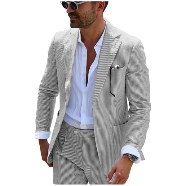 Men Suit Mens Seersucker Single Breasted Summer Suit