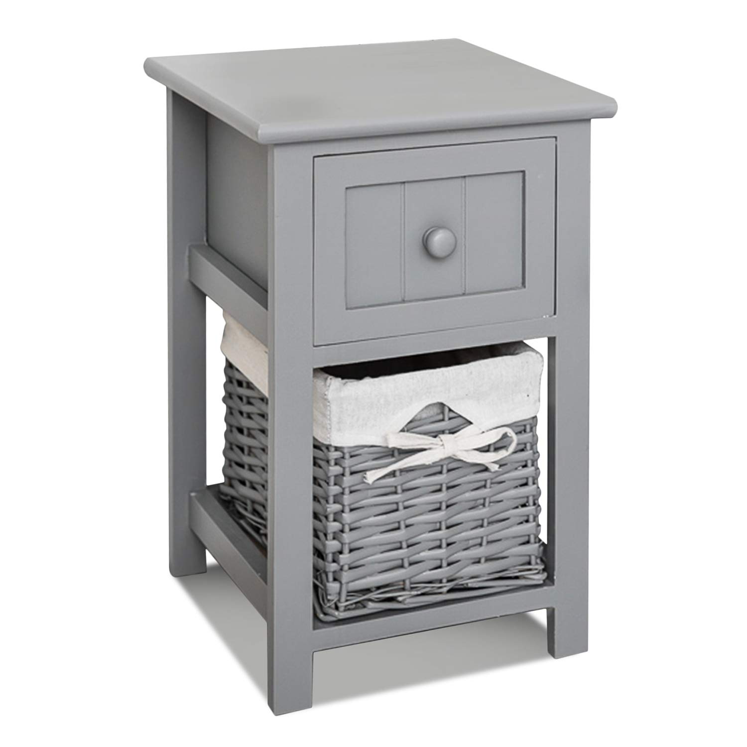 FiNeWaY Fully Assembled White Shabby Chic Bedside Cabinet Unit Table W Wicker Basket Storage Bathroom Bedroom (Grey)