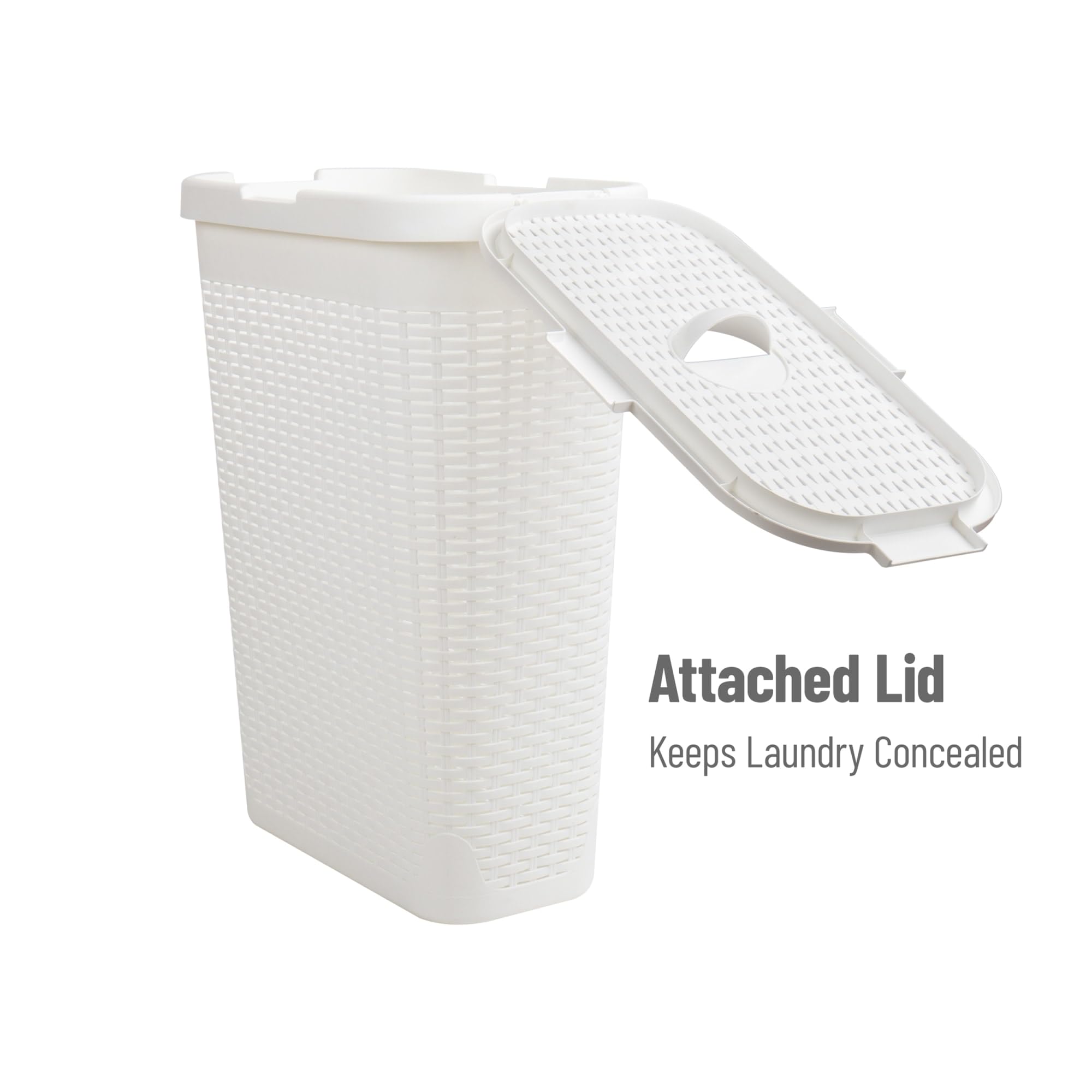 Mind Reader Slim Laundry Hamper with Lid, 40L Clothes Basket, Premium Wicker Design, Plastic, White