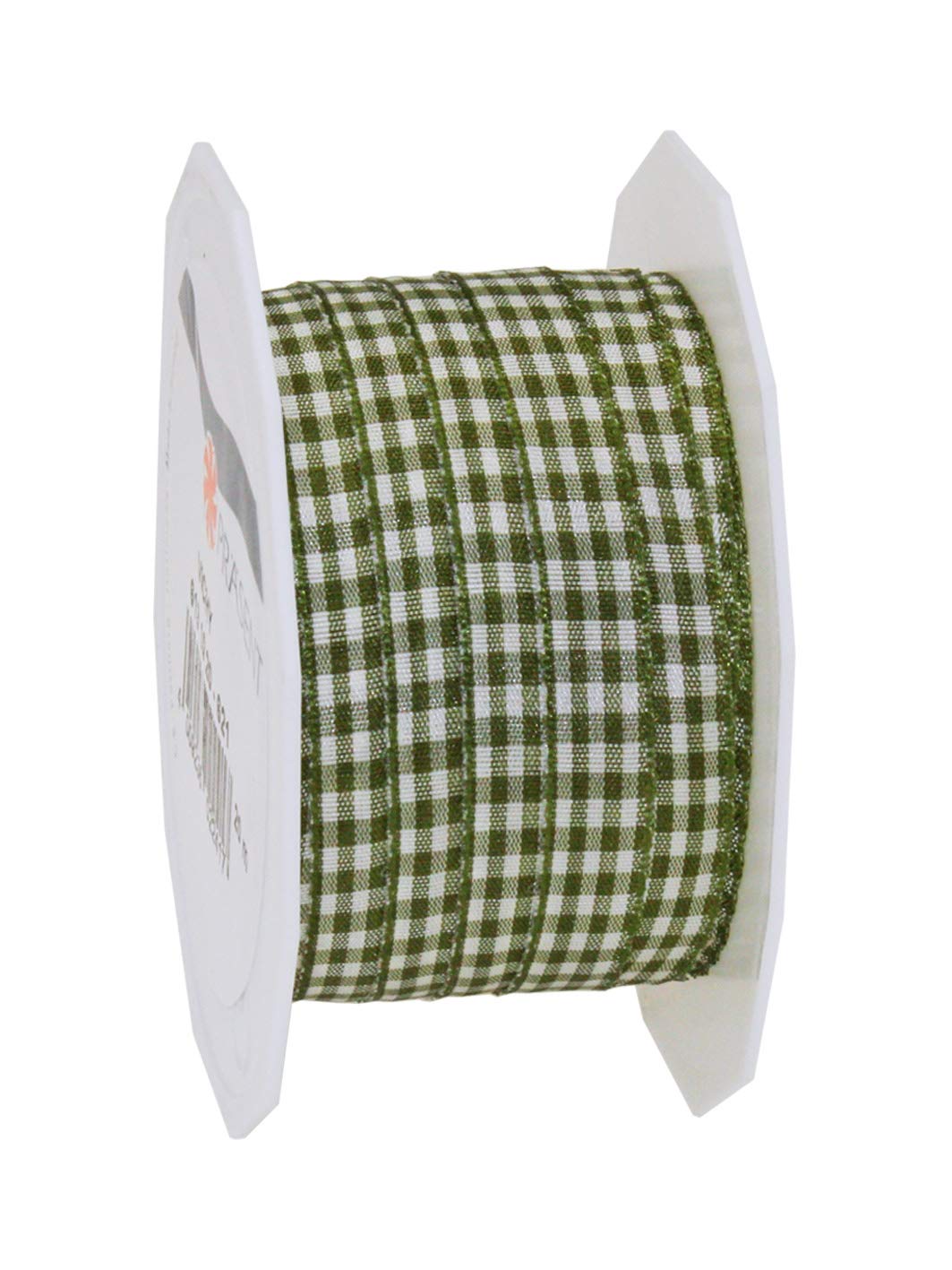 Präsent - Vichy Wired Ribbon Olive-Cream 10 mm Width, 20 m Length