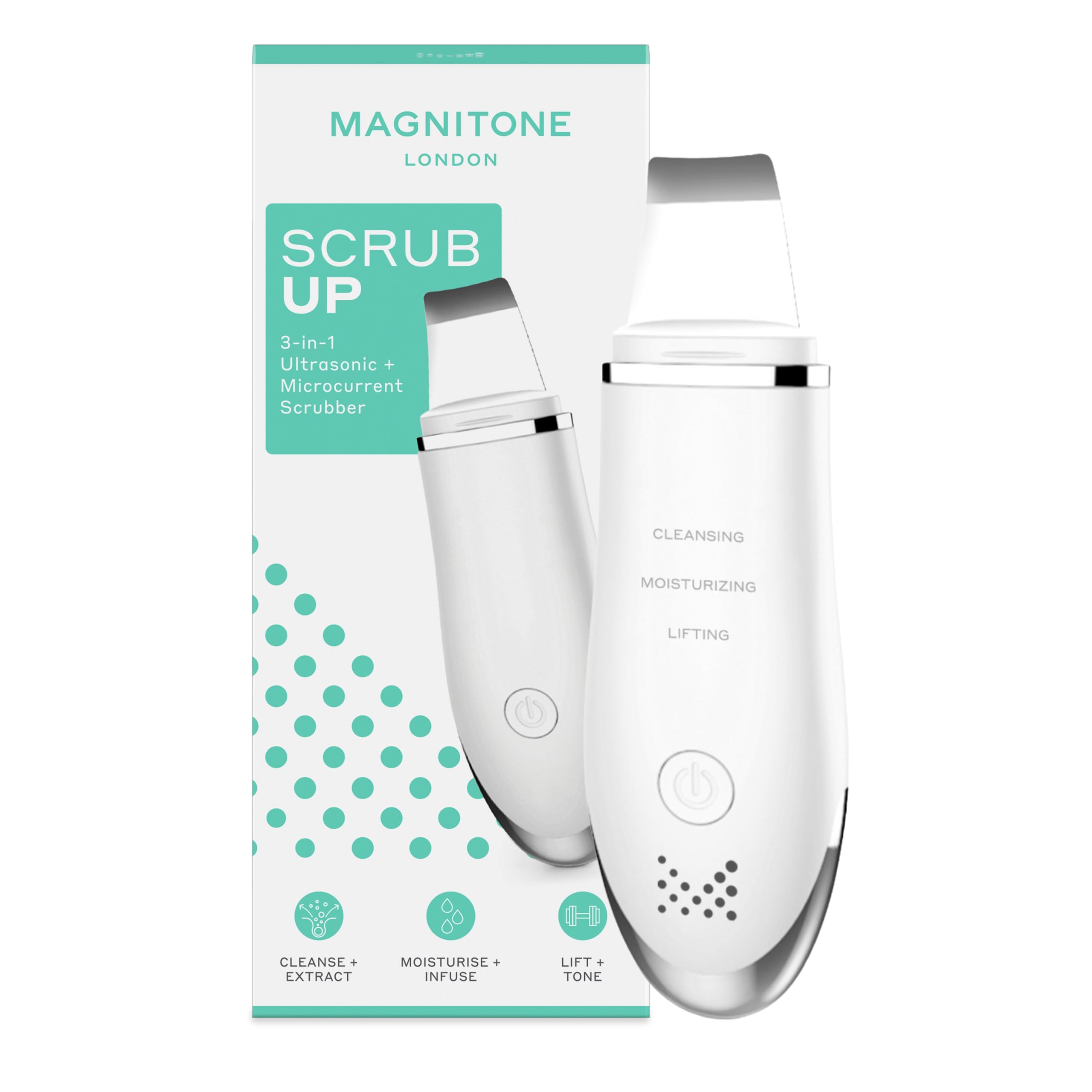Magnitone Scrub Up 3-in-1 Ultrasonic Pore Scrubber + Serum Infuser, for Clean & Toned Skin, Cleanse, Moisturise & Lift Your Skin, Remove Blackheads + Excess Oil, USB Rechargeable, Ion Technology
