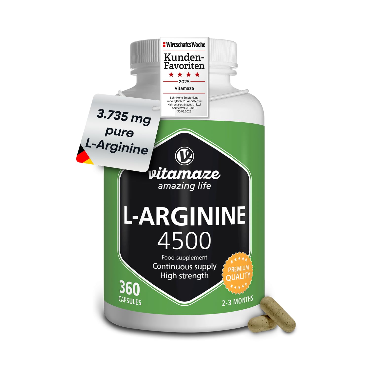 L-Arginine High Strength 4500 mg per Daily Dosage - 360 Capsules of 750 mg - Sport Performance Booster - Natural Supplement of Pure L Arginine Without Additives, German Quality- Vitamaze
