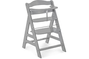 Hauck Alpha+ Grow Along Adjustable Wooden High Chair Seat w/ 5 Point Harness & Bumper Bar for Baby & Toddler Up to 198 lbs, Beechwood, Grey Finish