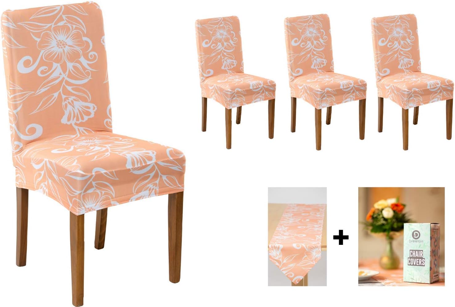 Dreeton Dining Room Chair Covers Set of 4 with Table Runner, Removable and Washable Chair Seat Slipcovers, Stretch Seat Protector Hotels, Home, Restaurants, Wedding Banquet, Office, Party: Kitchen & Dining
