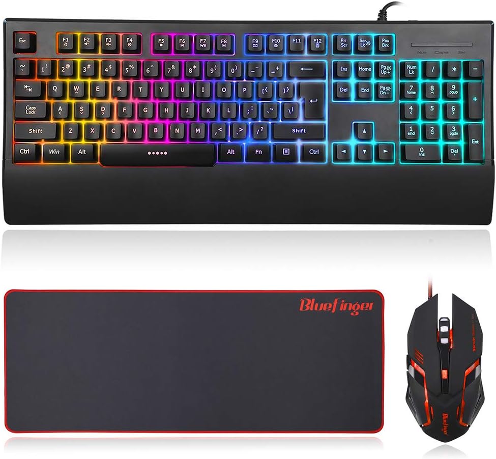 RGB Gaming Keyboard and Mouse Combo,Rainbow Keyboard Mouse Combo,9 Kinds Backlit Keyboard with Wrist Rest Support, Mechanical Feeling Keyboard Set (RGB Backlit Gaming Keyboard + Mouse + Desk Pad)
