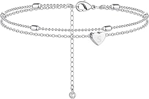 Moodear Silver Ankle Bracelets for Women - Waterproof Layered Sterling Silver Anklets Dainty Heart Initial Charm A-Z Letter Anklet for Her