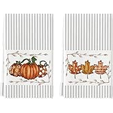 Artoid Mode Beige Stripes Polka Dot Pumpkin Fall Kitchen Towels Dish Towels, 18x26 Inch Farmhouse Maple Leaves Decoration Hand Towels Set of 2