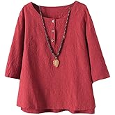FTCayanz Women's Linen Tops Shirts Summer Casual Jacquard Tunic Blouse