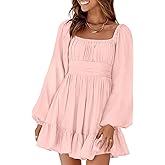 Dokotoo Womens Dress Tie Backless Sexy Pink Dress Lantern Long Sleeve Ruffle A-Line Flowy Wedding Guest Dresses Casual Elastic Waist Beach Dresses for Vacation Large