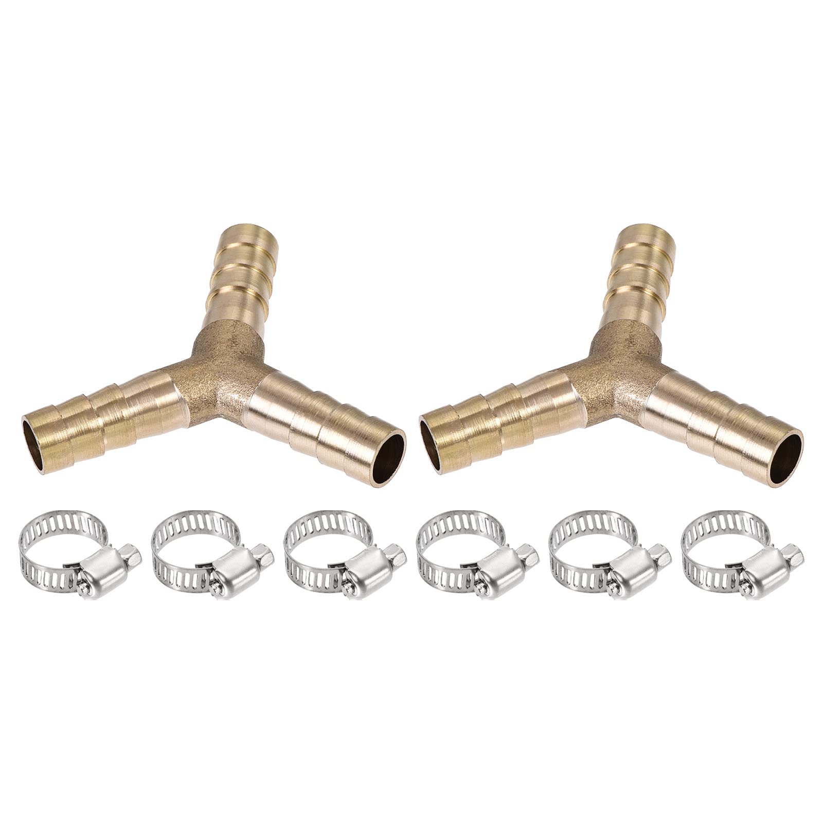 M METERXITY 2 Pack Barb Hose Fittings - 8mm OD Brass Hose Fitting Pipe Connector with Hose Clamps Apply to Water Fuel (Y Shaped 3 Way)
