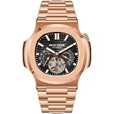 REEF TIGER Men's Fashion Square Watch Rose Gold Crystal Mechanical 24-Hour Tourbillon Waterproof Automatic Bracelet Watch RGA20S7