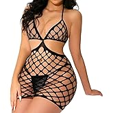IXOYAHRA Women's Fishnet Mesh Dress with Lace-Up Back - Black Sheer Party Dress for Club, Festival, Photoshoot