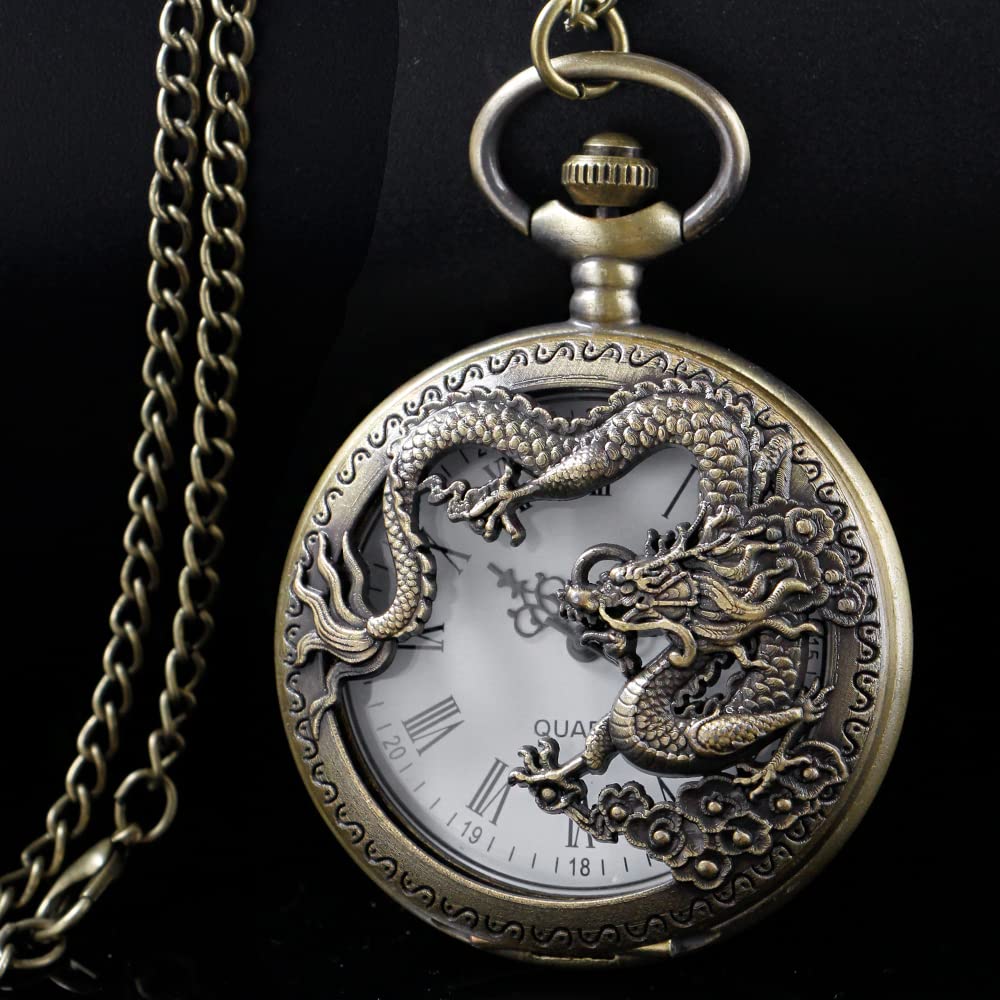 Alwesam Dragon Design Quartz Pocket Watch Roman Numerals with Chain Birthdays Gifts for Father's Days