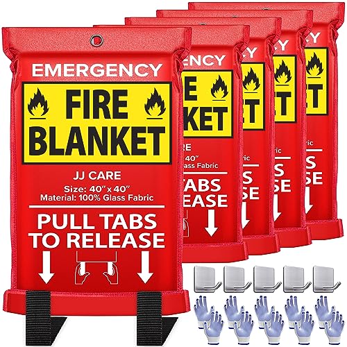 JJ CARE Fire Blanket – 5 Packs with Hooks and Gloves – Emergency Fire Blanket for Home & Kitchen, High Heat Resistant Fire Suppression Blankets for Home Safety, Kitchen, and Camping