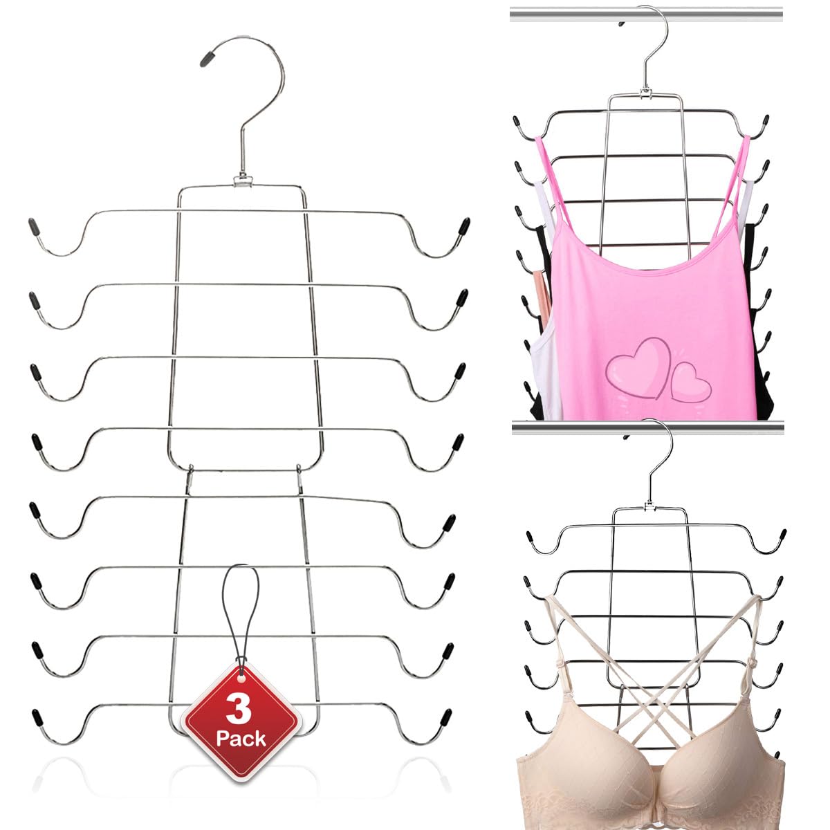 8 Tiers Foldable Bra Hanger/Camisole Hanger, Space Saving Hangers Closet Organizer for Strap Dress, Tank Top, Camisole, Bra, Pajamas, Bathing Suit, Ties and More (3 Pack)