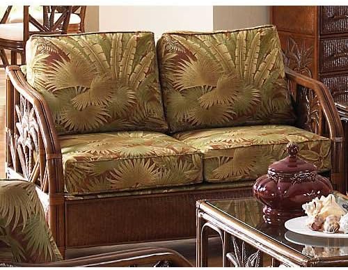 Hospitality Rattan Cancun Palm Upholstered Rattan &amp; Wicker Loveseat with Cushions - TC Antique