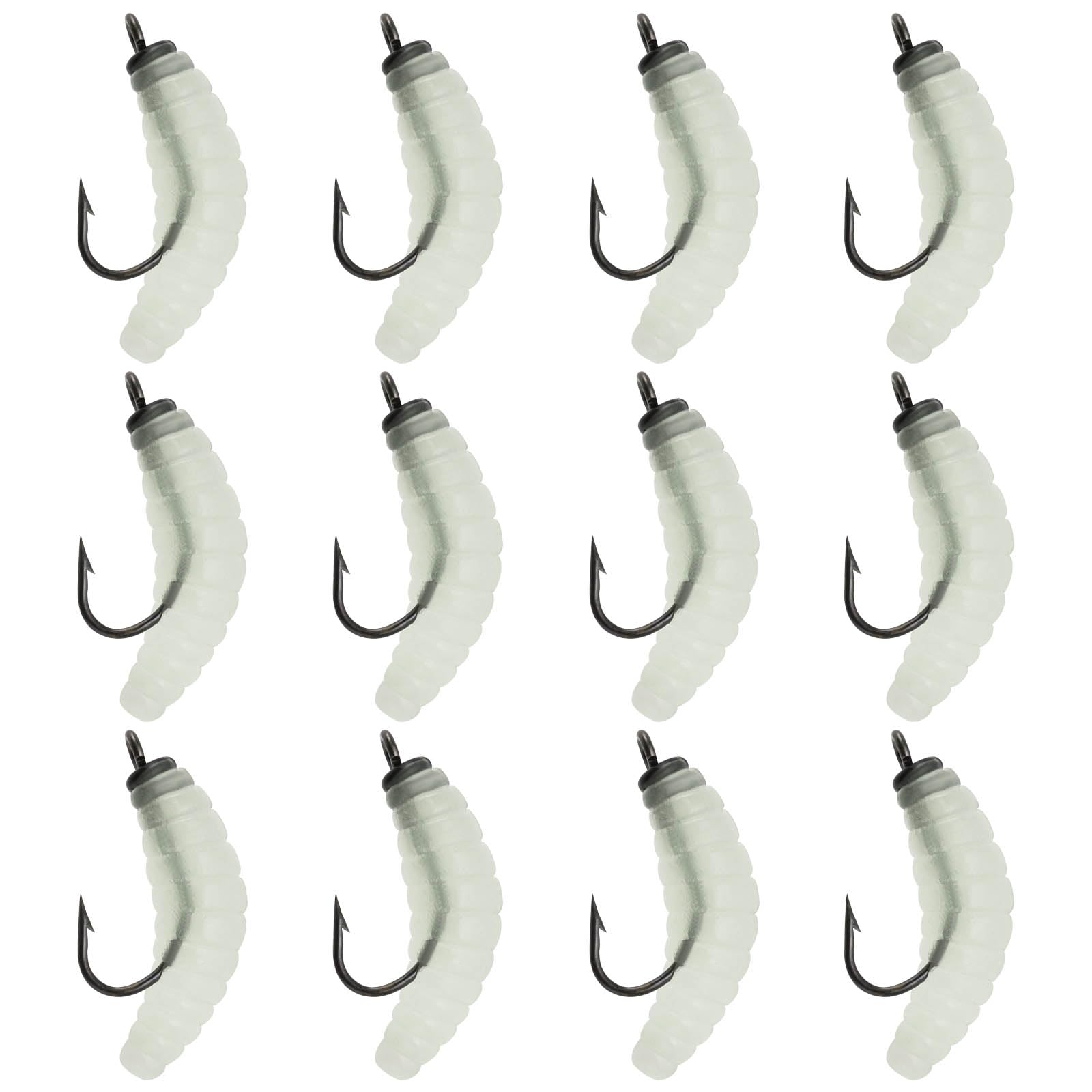 YINETTECH 12pcs Rubber Maggots Fishing Baits 20mm Rubber Bait Worms with Hook for Fishing Freshwater and Saltwater Fish Trout Crappie Pan Fish