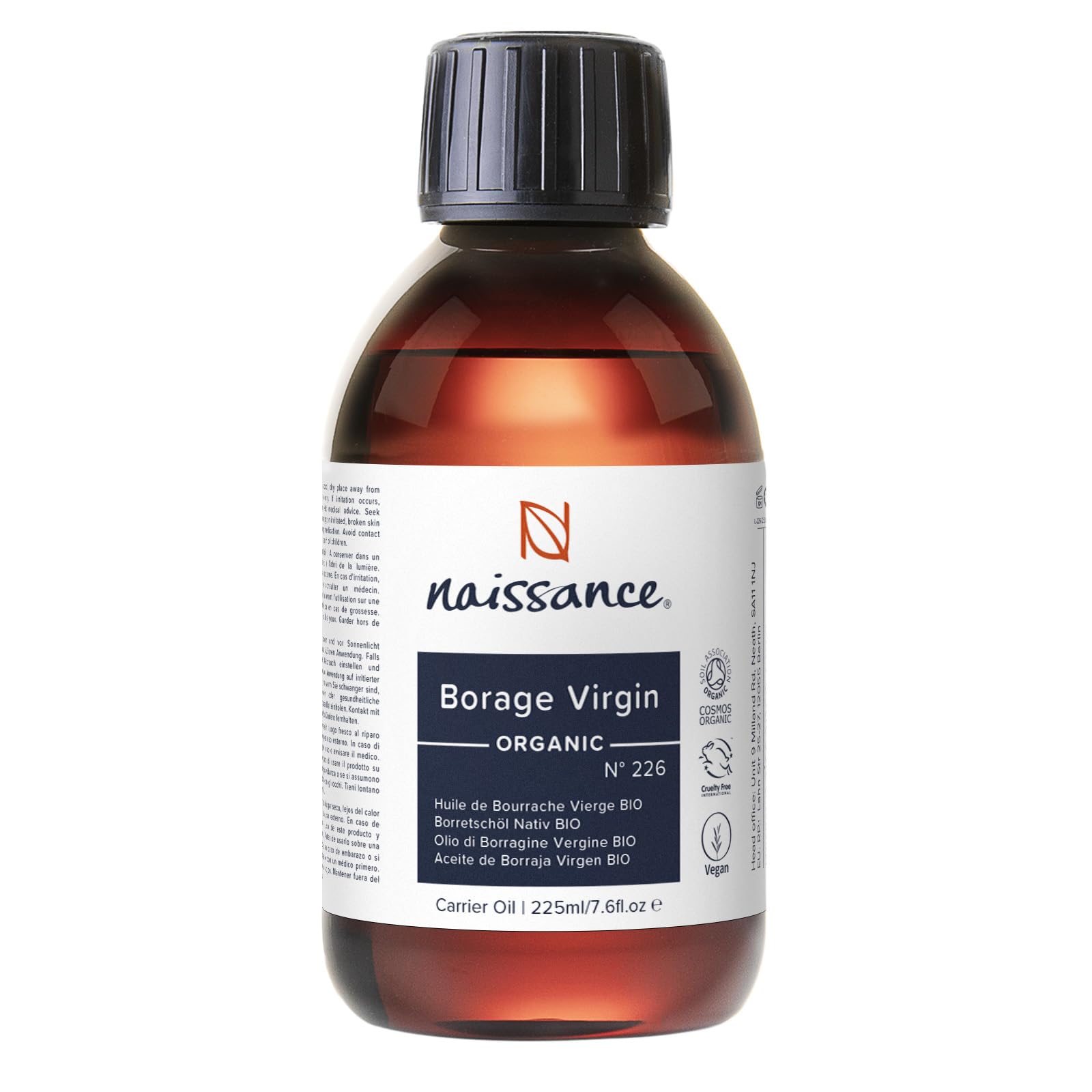 Naissance Organic Borage (Starflower) Seed Oil (No. 226) - 225ml - Naturally High in GLA (Gamma-Linolenic Acid) - for Skin, Face, Body, Hair, Massage, Vegan