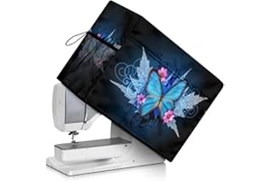 COEQINE Flower Blue Butterfly Sewing Machine Dust Cover Protective Cover with Side Rope and Sewing Essentials Pockets Compatible with Standard , Brother Sewing Machines Flower Pattern