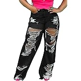 SHINFY Women's Ripped Jeans Distressed Cutout High Waisted Baggy Straight Wide Leg Y2K Denim Pants