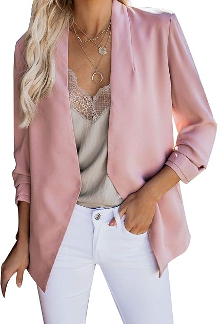 Amazon レディース ブレザー 七分袖 ジャケット 前開き 仕事 オフィス カジュアル 格子柄コート Us サイズ Large カラー ピンク コート ジャケット 通販