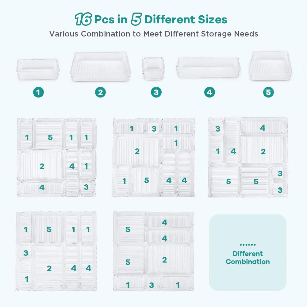 Kootek 16 Pcs Desk Drawer Organizer Set 5-Size Bathroom Drawer Tray Dividers Versatile Storage Bins Plastic Vanity Trays Organizers Divider Container for Dresser Makeup Kitchen Utensil Office: Home & Kitchen