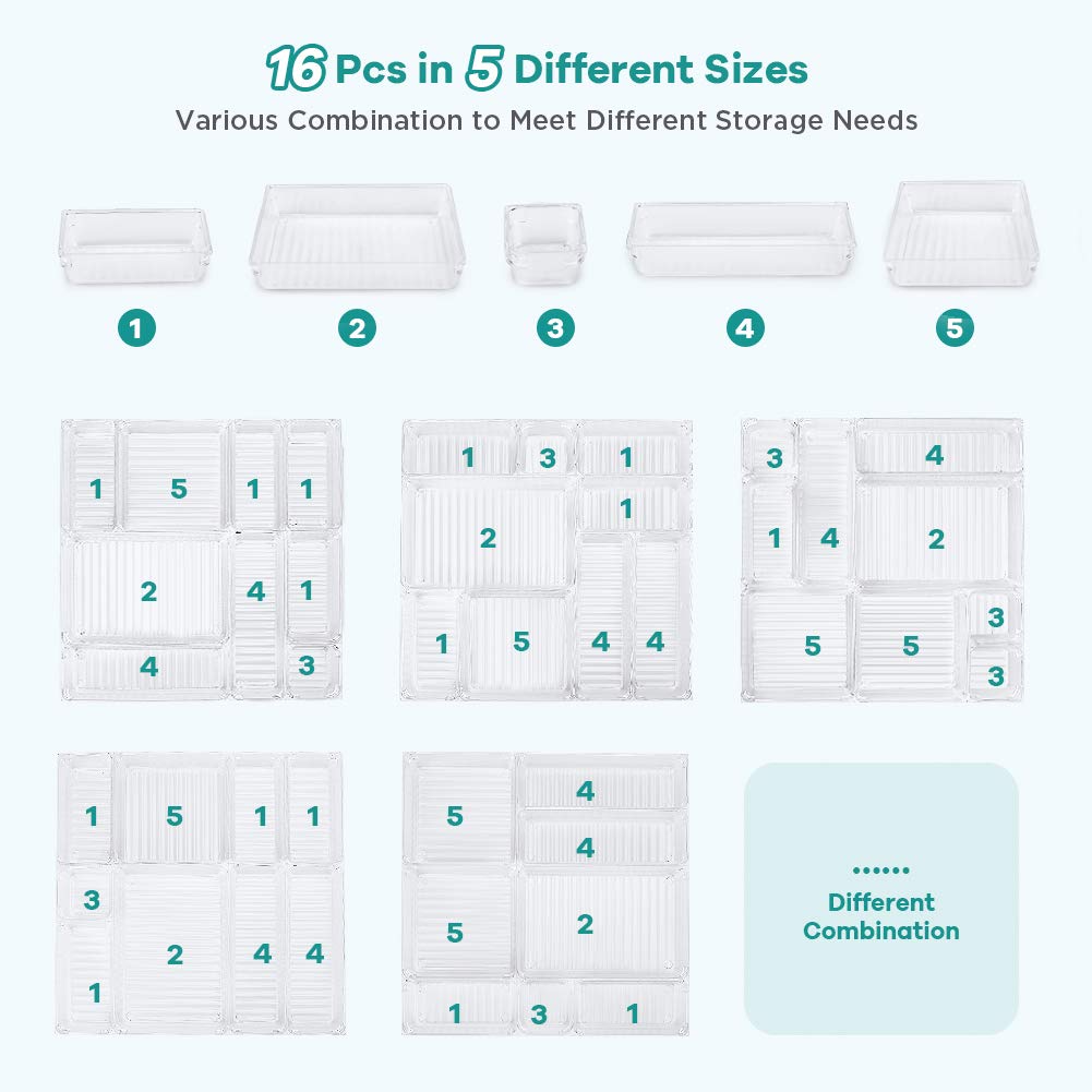 Kootek 16 Pcs Desk Drawer Organizer Set 5-Size Bathroom Drawer Tray Dividers
