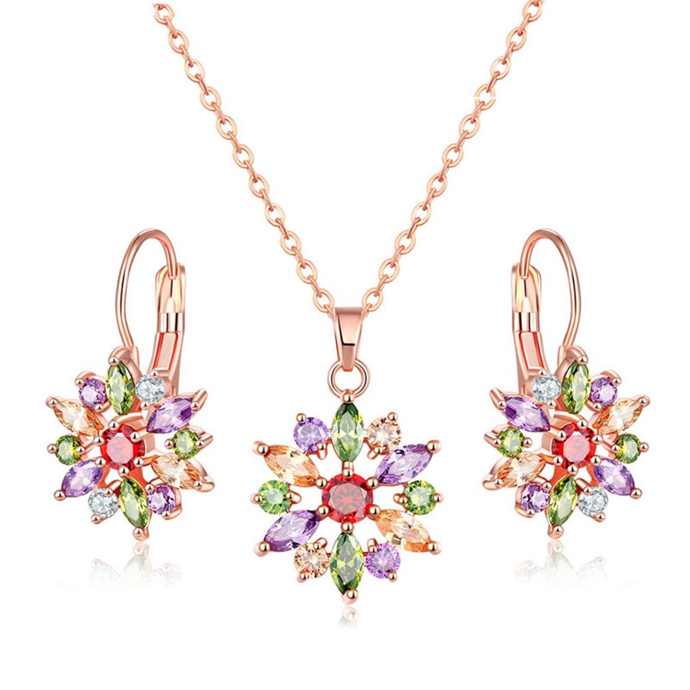 Josfeva Silver Jewellery Sets for Women, Rose Gold Plated Flower Pendant Chain Necklace & Hoop Earrings with 5A Colorful Cubic Zirconia, Jewellery Set Gift for Christmas Thanksgiving Birthday Wedding