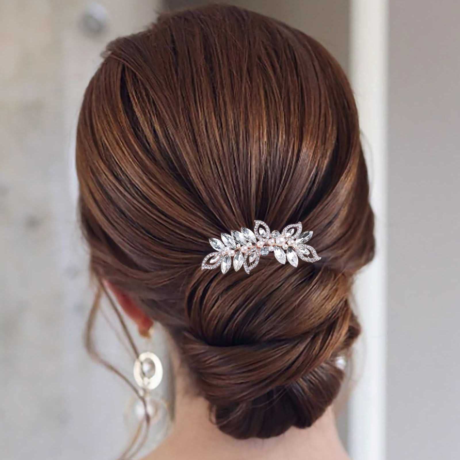 Aneneiceera Bride Wedding Crystal Hair Comb Clip Gold Hair Side Combs Pearl Hair Comb Leaf Rhinestone Headpieces Bride Hair Piece bridesmaid Hair Accessories for Women and Lady Girls